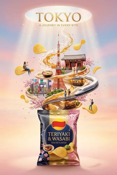 A colorful premium potato chips bag standing upright surrounded by flying crispy chips and ingredients.