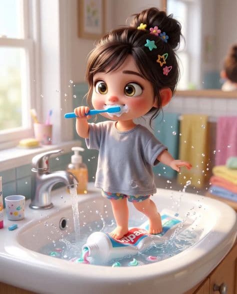 A cute 3D chibi girl character with big eyes balancing happily on a bar of soap inside a white sink.