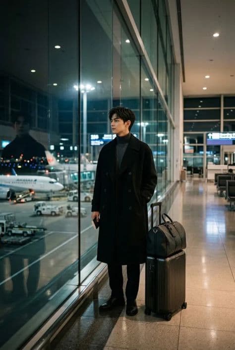 A traveler in refined attire standing in front of large glass windows overlooking airport tarmac at night.
