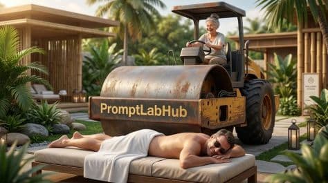 A humorous wellness advertisement showing a smiling grandma driving a road roller over a spa massage table.