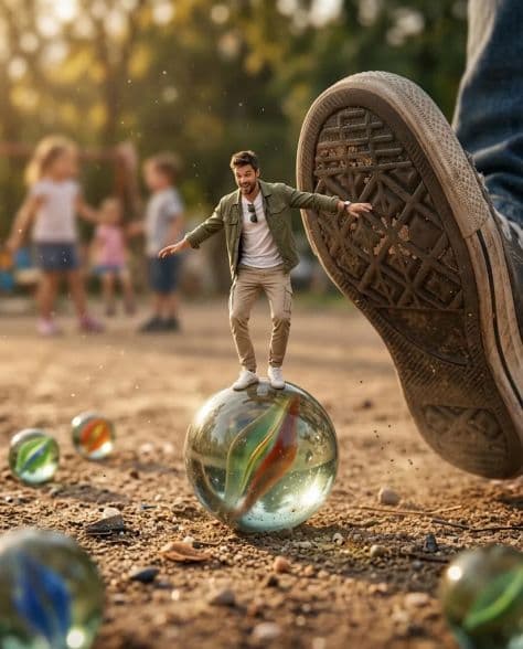 A tiny man trying to balance on a glass marble on the ground next to a huge sneaker sole stepping down.