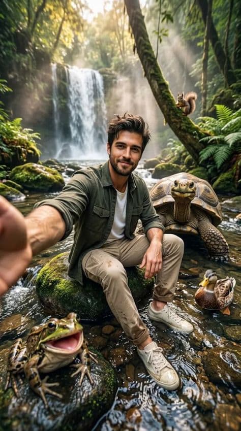 An adventurous man taking a wide-angle selfie in a forest stream with a giant tortoise and friendly animals.
