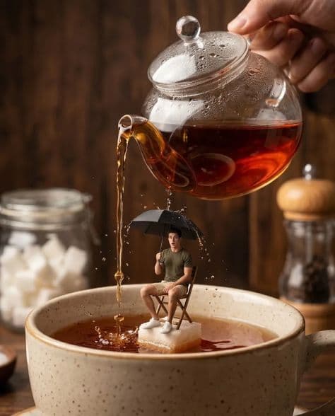 A tiny man holding a small umbrella while standing on a floating sugar cube under a stream of pouring tea.