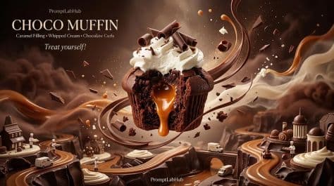 A decadent dark chocolate muffin split open with warm gooey caramel oozing out topped with whipped cream.