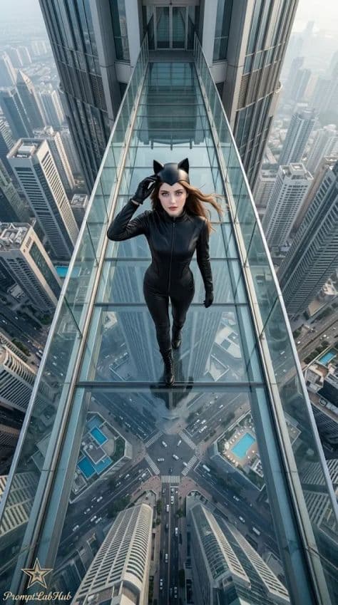 A fashion model walking across a transparent glass skybridge extending outward high above a cityscape.