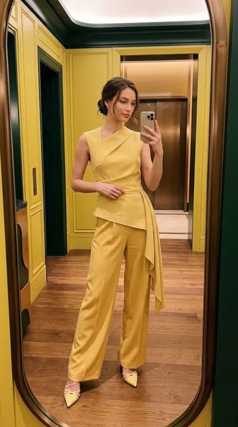 A fashionable woman taking a full-body mirror selfie in front of a curved bronze mirror in a boutique hotel lobby.