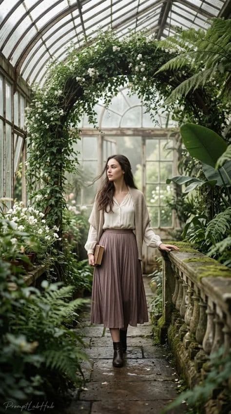 A woman in a linen dress reading a vintage book surrounded by lush tropical plants inside a glass greenhouse.