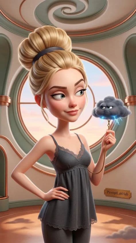 A stylized 3D animated inventor examining a floating miniature thunderstorm cloud inside a vintage laboratory.