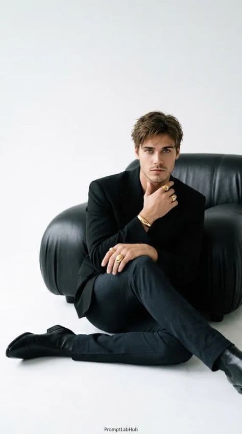 A fashion model seated on a white studio floor beside a large black leather armchair in minimal lighting.