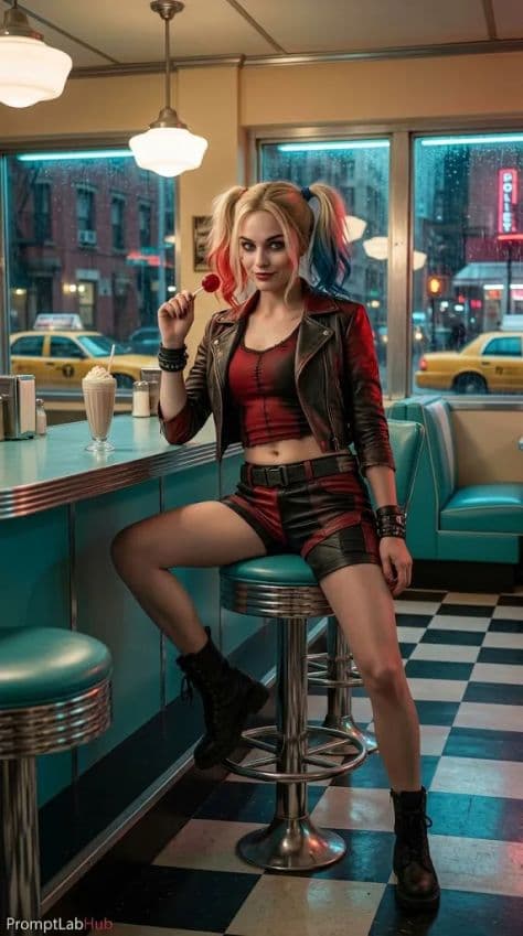 A woman with blonde pigtails in a red and black jacket seated inside a glowing retro diner booth at night.