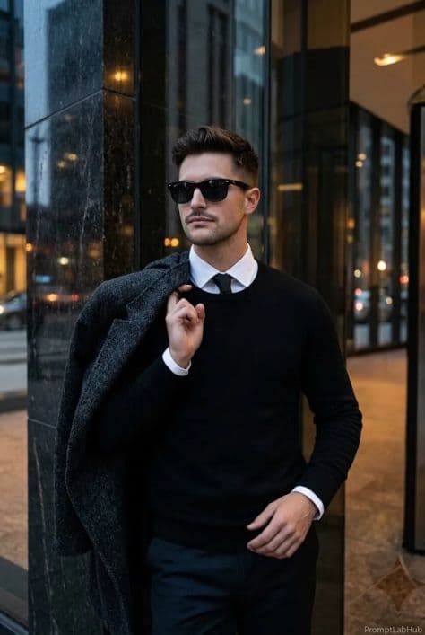 A stylish man in a tailored jacket standing outside the glowing glass entrance of an urban office building at dusk.