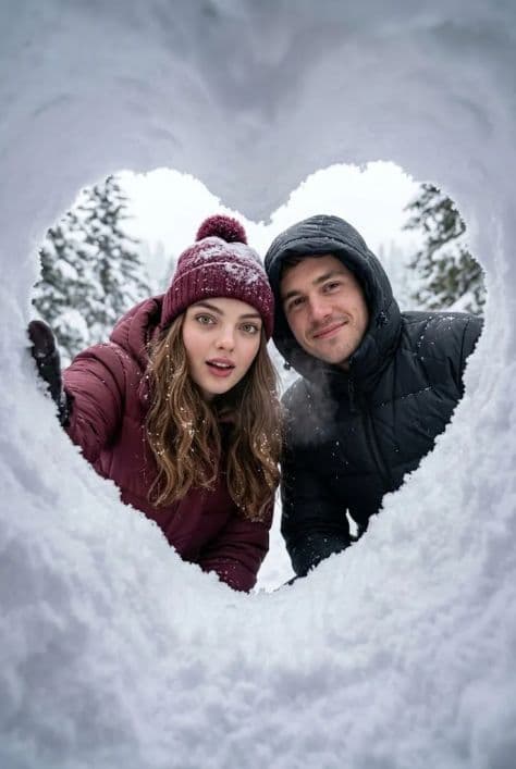 A smiling couple framed creatively through a heart-shaped hole carved in a thick wall of snow.