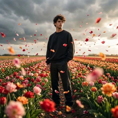 A young man in a black oversized hoodie standing in a prairie field with colorful flower petals swirling around.