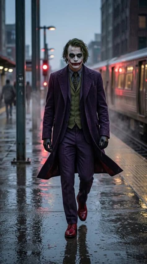 A sinister clown-painted character in a dark velvet frock coat walking along a wet evening train station platform.