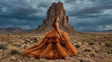 A high-fashion model posing gracefully before towering eroded sandstone boulders under desert sunlight.