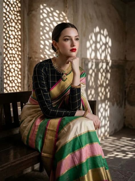 A woman seated near a carved sandstone jali window with intricate geometric shadow patterns cast on the wall.