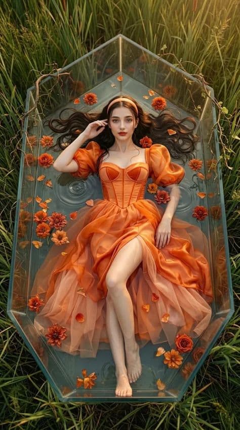 An overhead view of a woman in a vivid orange gown floating in a clear shallow water basin among tall meadow grasses.