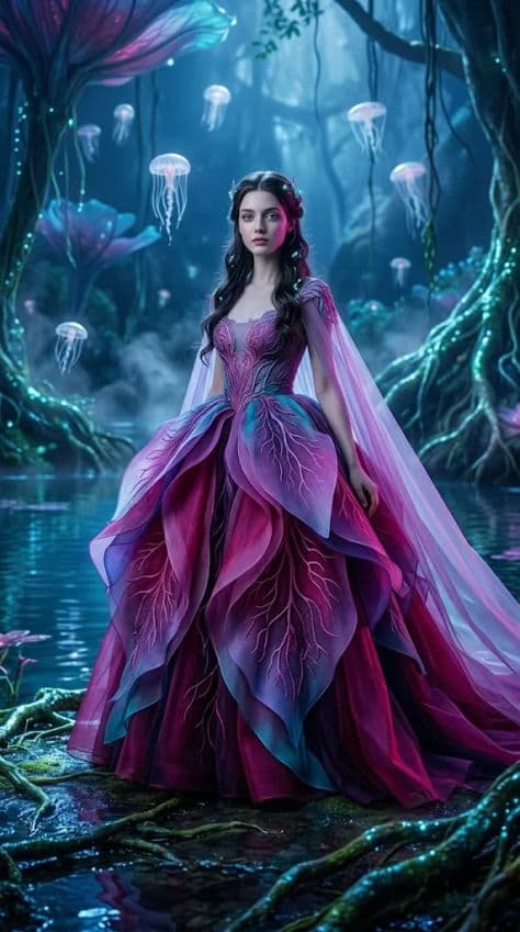 A model wearing a living glowing gown in a lush bioluminescent rainforest filled with radiant plant life.