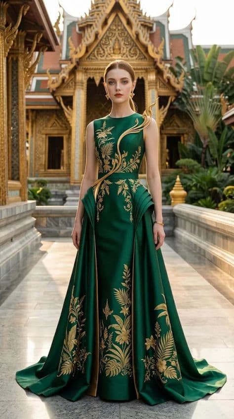 An elegant model wearing a contemporary Thai silk gown with golden embroidery and traditional jewelry.