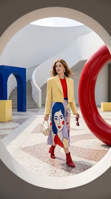 A stylish model in structured color-blocked fashion posing near giant outdoor contemporary sculptures.