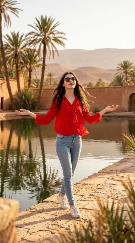 A serene desert oasis pool reflecting date palms and rolling sand dunes under warm sunset skies.