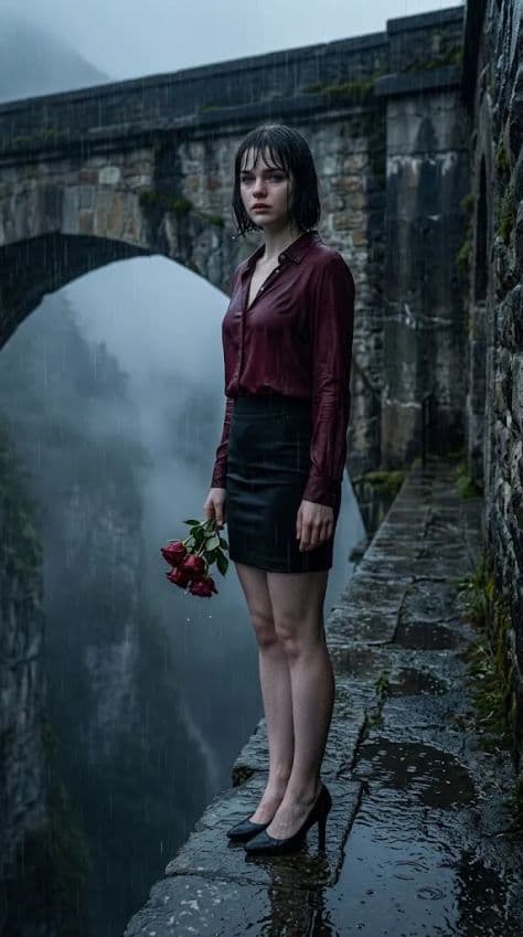 A stylish woman in a long trench coat standing atop an old stone viaduct overlooking a misty canyon.