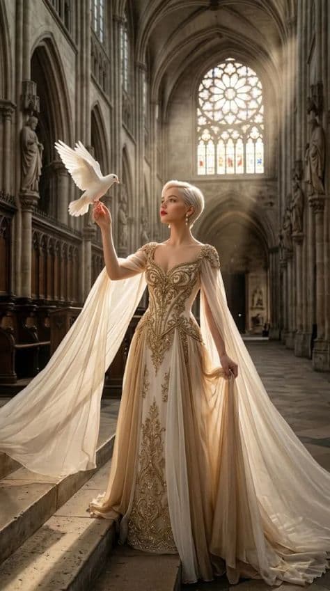 A couture-clad woman standing in the grand aisle of a historic cathedral bathed in colored sunlight.