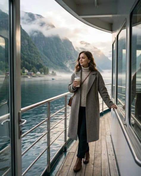 A woman holding a warm coffee mug on a boat deck with breathtaking misty fjord peaks in the background.