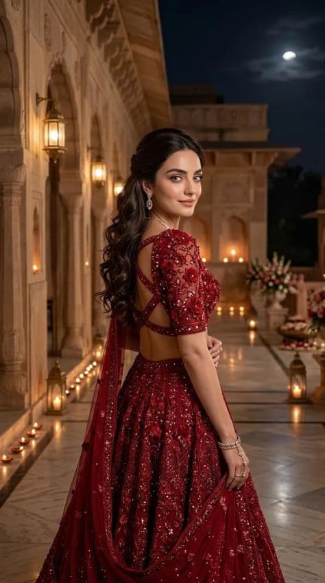 A glamorous bride turning on a candlelit marble palace veranda under an open starry night sky.