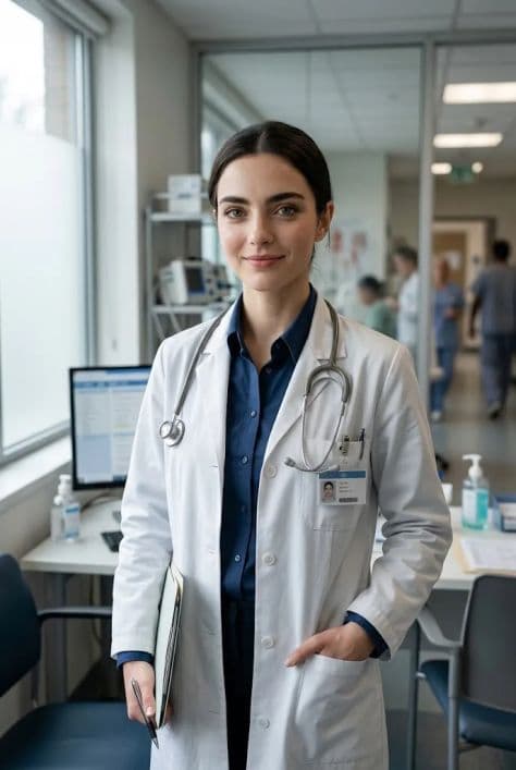 A female physician in a white medical coat standing confidently inside a modern clinic office.