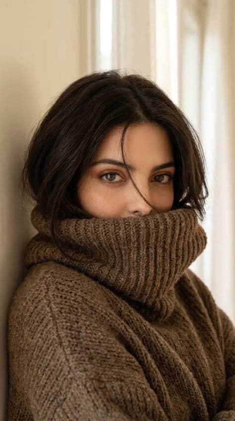 A thoughtful woman wrapped in an oversized knit sweater looking toward a winter Parisian window.