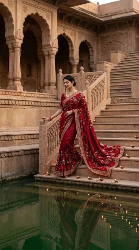 A radiant bride in an intricately embroidered gown posing gracefully on a sunlit palace terrace.