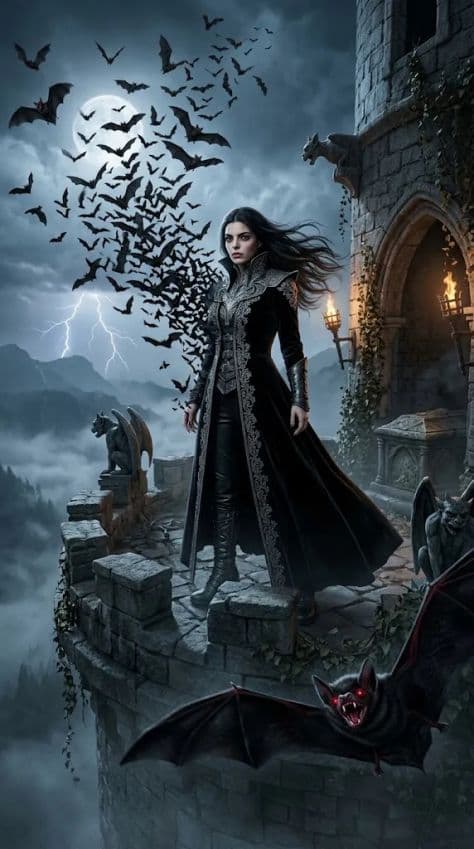 An ancient gothic vampire transforming into a vortex of flying bats atop a stormy medieval fortress.