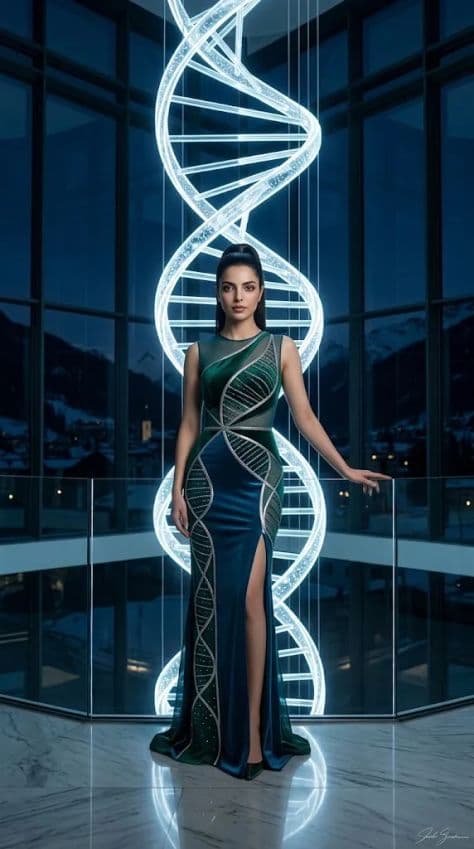 A fashion model wearing a sculptural structured garment inspired by molecular spiral geometry.