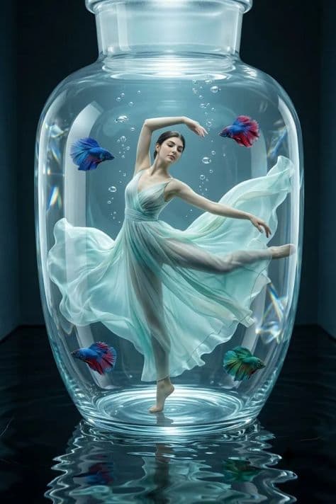 A graceful dancer submerged in clear water with floating sheer fabrics and glowing water caustics.