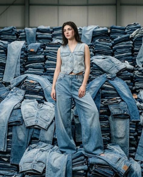 A high-fashion model posing amidst rolls and racks of indigo denim in a sunlit industrial warehouse.