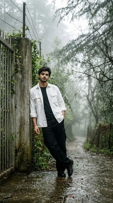 A man in cargo streetwear leans on a weathered gate along a wet forest path under overcast skies