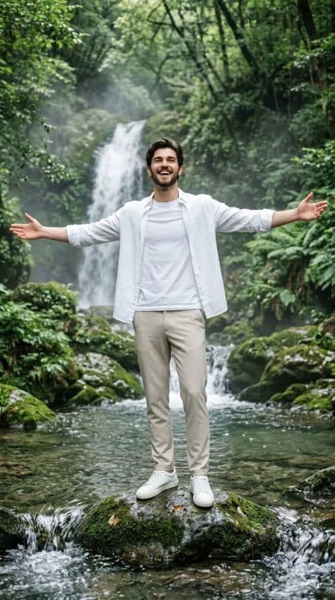 A man in white clothes stands with open arms on a mossy rock in a forest stream before a waterfall