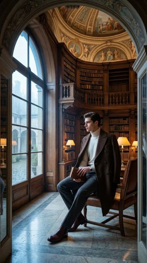 A man in a chocolate wool coat sits with an antique book in a grand historic library with arched windows