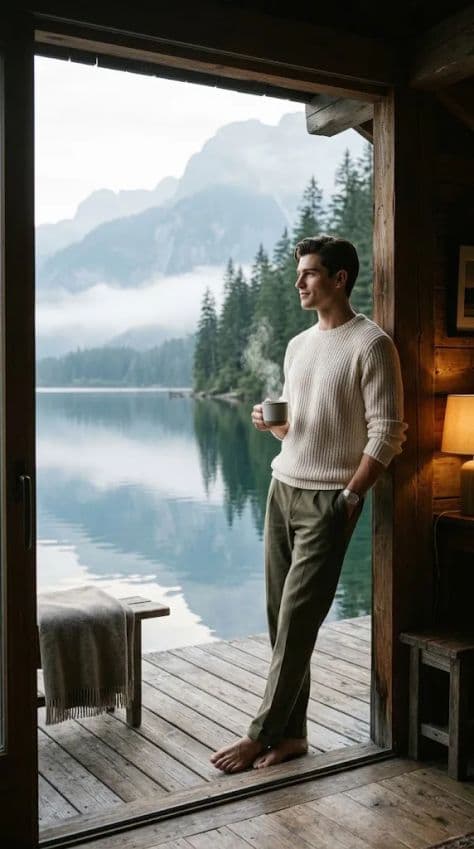 A man in a knit sweater drinks coffee on a wooden boathouse deck overlooking a misty mountain lake