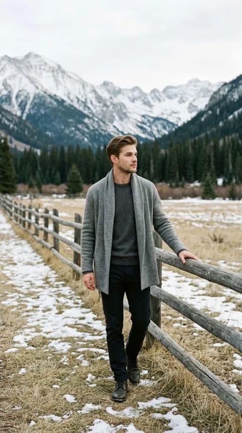 A man in a grey wool cardigan walking along a wooden fence in a cold mountain valley with snowy peaks