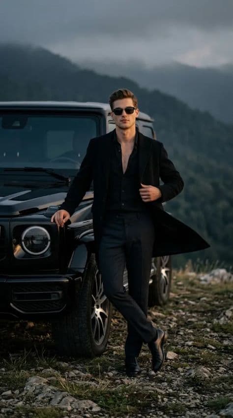 A man in a black coat and sunglasses leans against a black SUV at a foggy mountain overlook at sunset