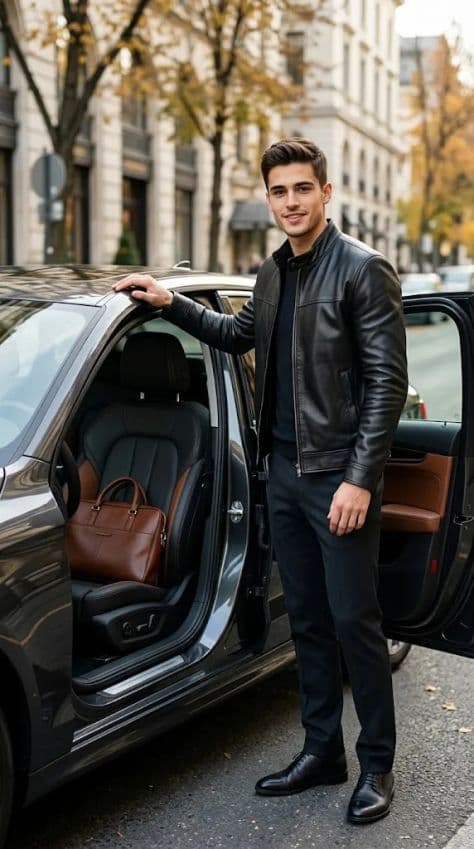 Low-angle view of a man in a leather jacket standing by an open car door on a quiet city street in fall