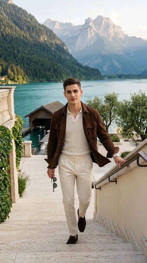 A man in a brown suede overshirt walks down stone steps of a luxury villa overlooking an alpine lake