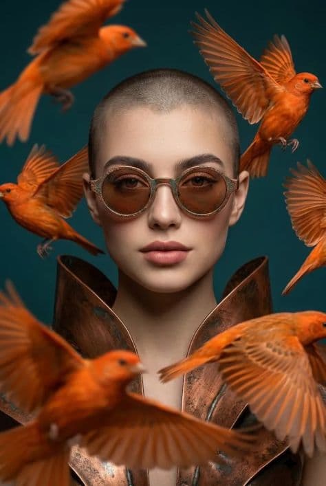 Avant-garde beauty portrait of a woman with a shaved head wearing copper sunglasses with flying orange birds