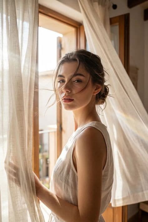 Sunlit editorial portrait of a woman by a Mediterranean balcony with windblown hair and glowing lens flare