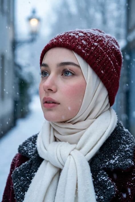 Close-up editorial portrait of a woman wearing a cream hijab and red beanie amidst falling winter snow