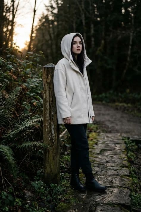 Woman in an off-white hooded jacket standing on a mossy stone path by a wooden post at dusk surrounded by ferns