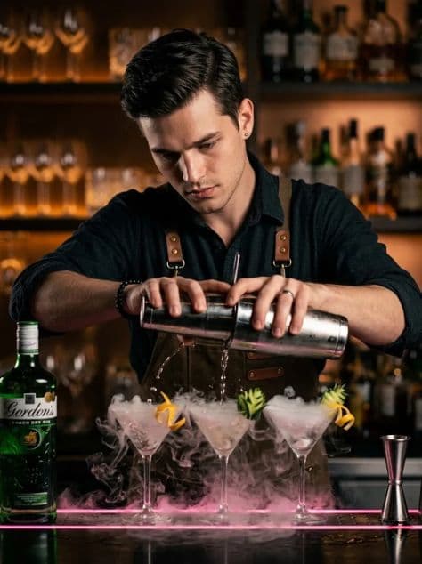 A bartender in a leather apron pouring a drink from a shaker into three smoking martini glasses on a bar counter