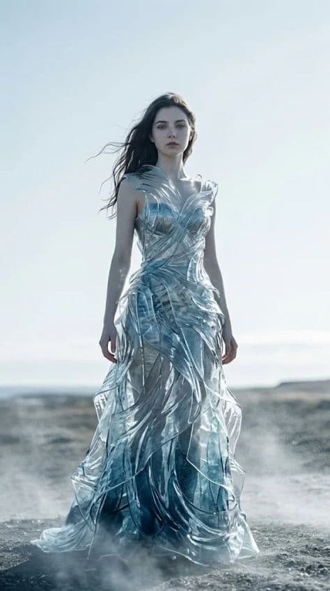 Full-length fashion editorial of a model in a translucent sculpted glass gown against a pale coastal sky